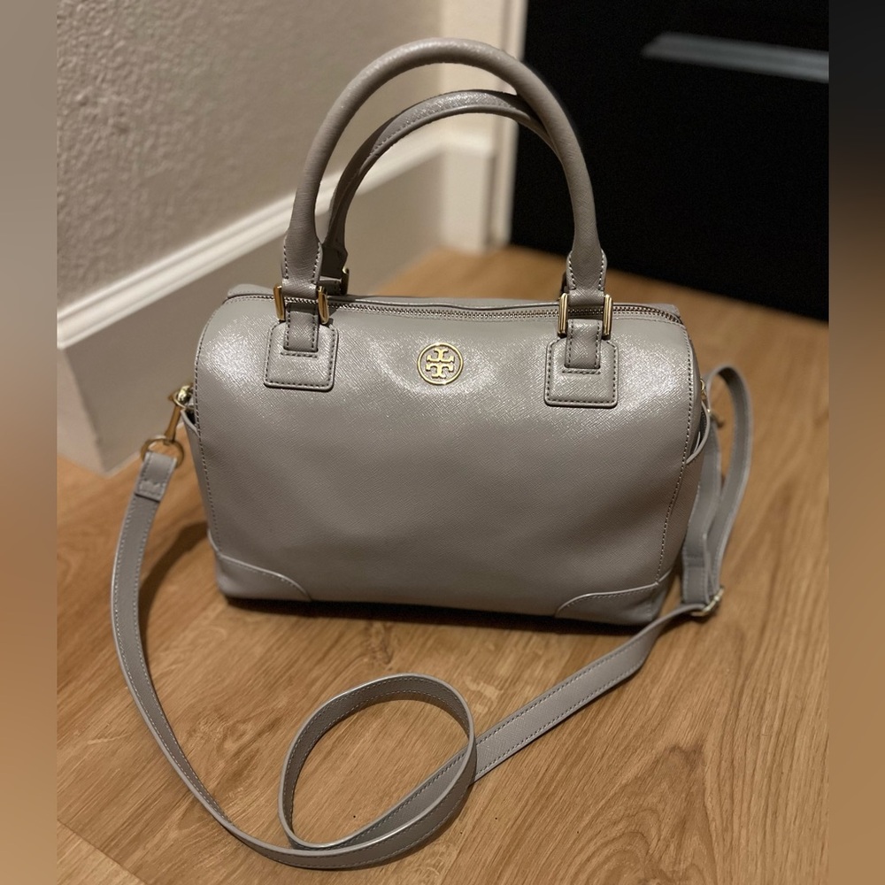 Tory Burch Robinson Light Gray Satchel with Gold Accents